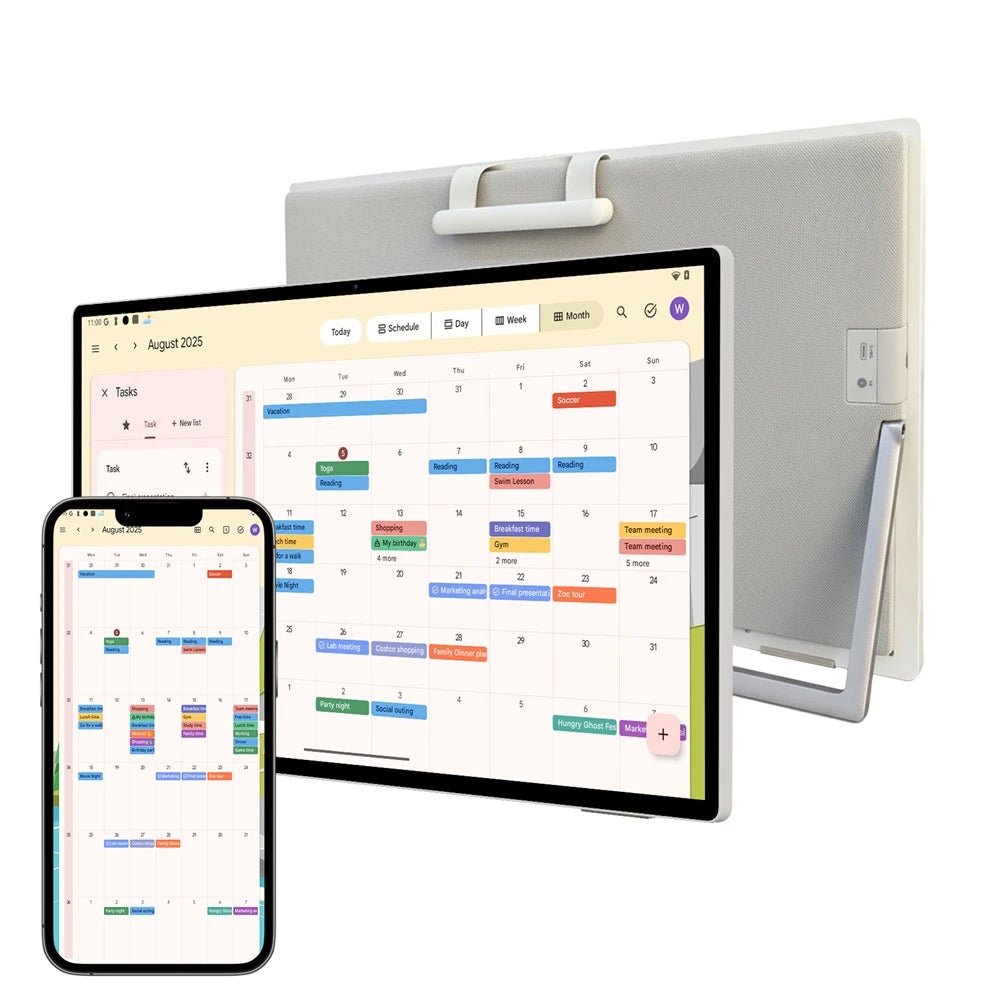 25S Pro Digital Calendar next to a smartphone, demonstrating calendar app syncing on 25-inch touch display.