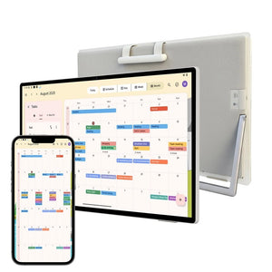 25S Pro Digital Calendar next to a smartphone, demonstrating calendar app syncing on 25-inch touch display.