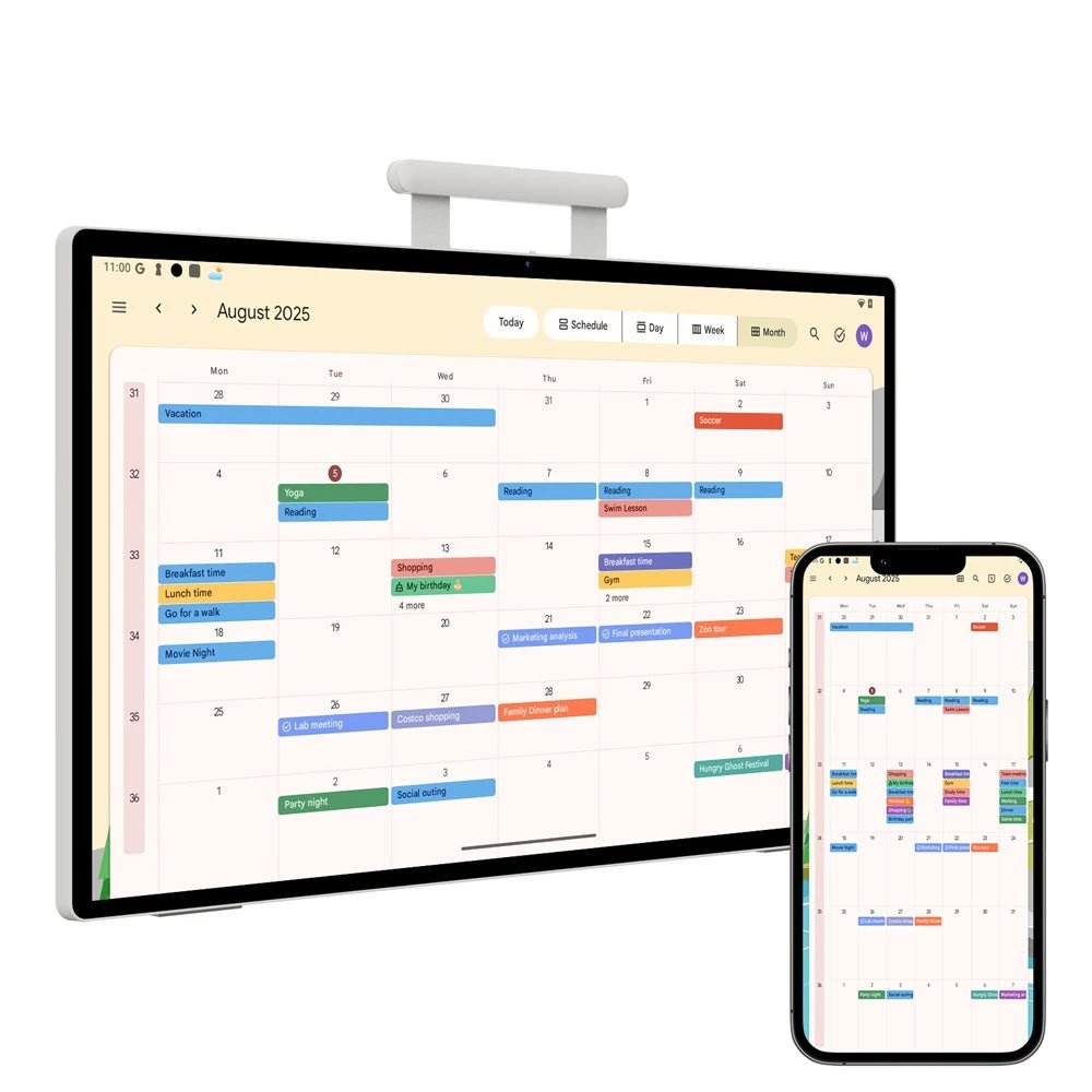 25S Pro Digital Calendar syncing with smartphone calendar app, showing same events on 25-inch touch screen.