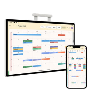 25S Pro Digital Calendar syncing with smartphone calendar app, showing same events on 25-inch touch screen.