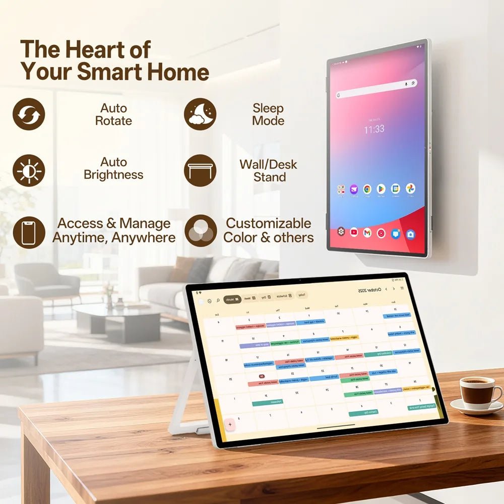 Two 25S Pro Digital Calendars, one on desk and one on wall, highlighting features like auto-rotate, brightness, sleep mode, wall/desk stand, and customizable settings.