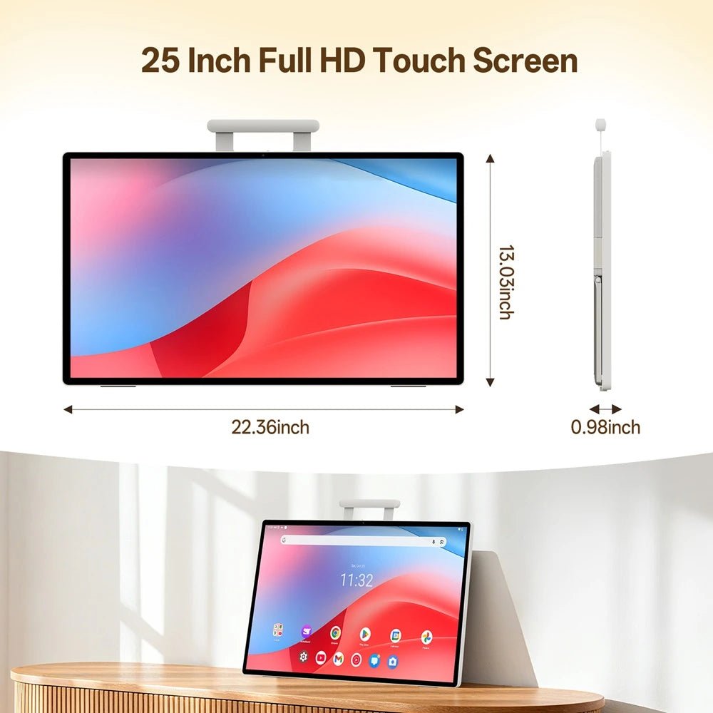 25S Pro Smart Digital Calendar with dimensions illustrated, showing length, width, and thickness of 25-inch touchscreen interactive display.