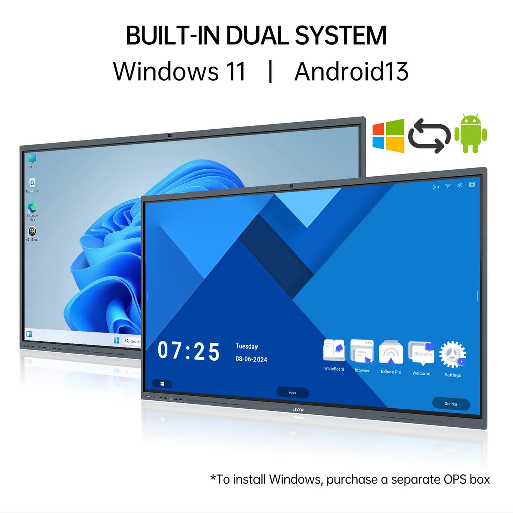 Image showing that the JAV H10S 98-inch Smart Board can run both Android and Windows(Additional OPS Box required)