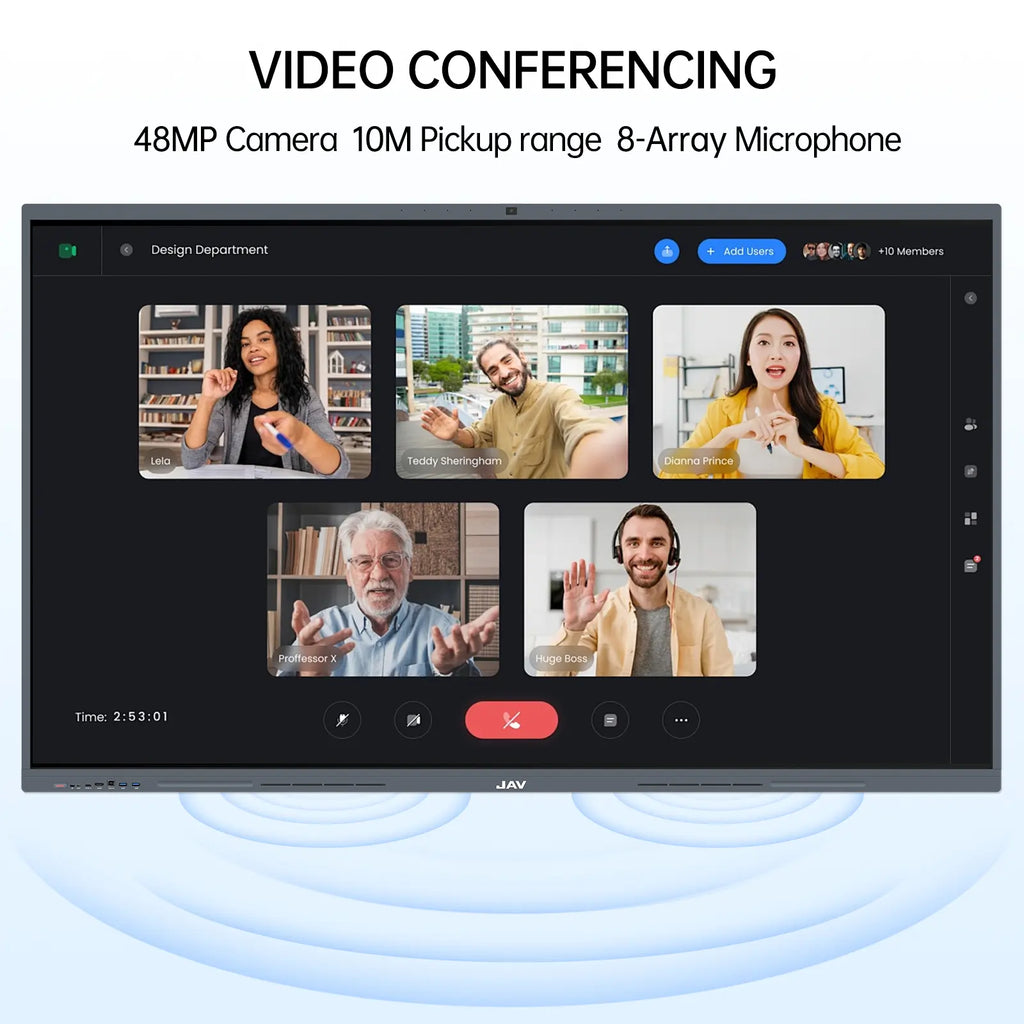Image that shows the JAV H10S 98-inch Smart Board being used for video conferencing