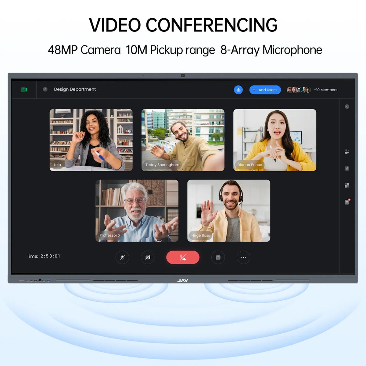 Image that shows the JAV H10S 98-inch Smart Board being used for video conferencing