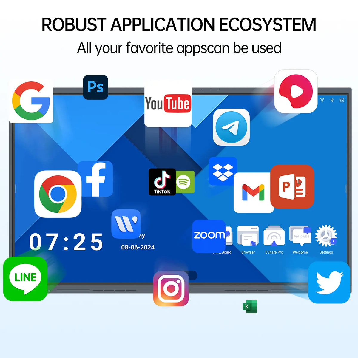 Image showing the application ecosystem of the JAV H10S 98-inch Smart Board which allows users to install all kinds of apps.
