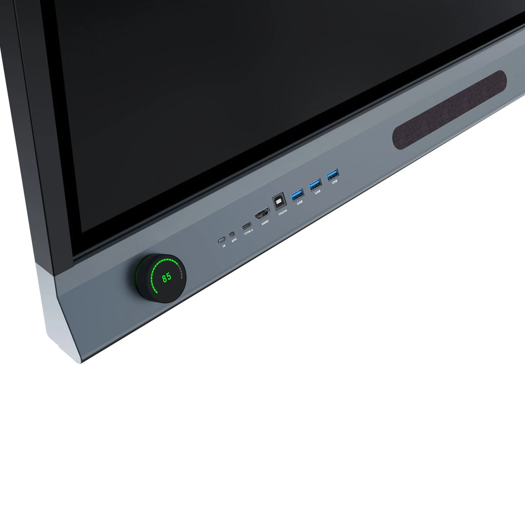 Close-up of JAV H19S smart board bottom ports, volume rocker, and speaker design
