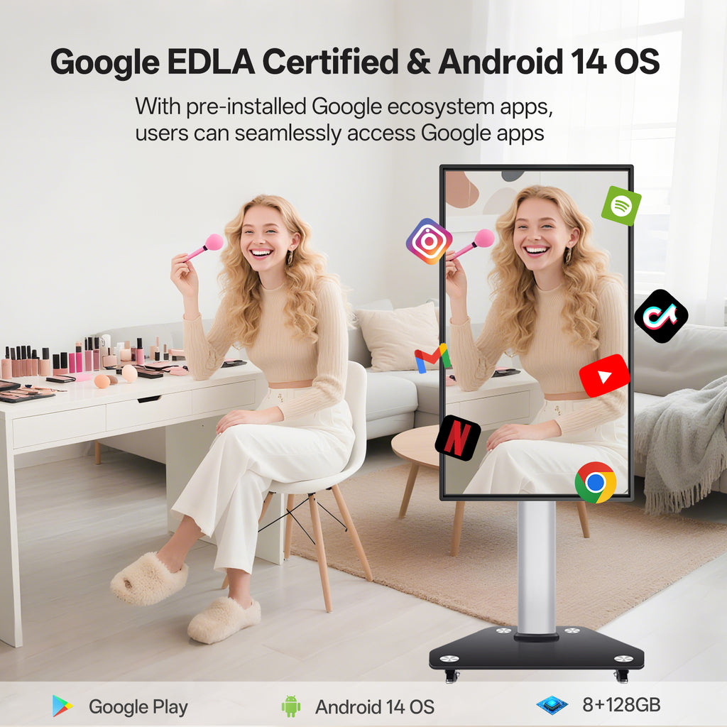 JAV Z Series rotatable smart board with Google EDLA certification and Android 14 OS, showcasing seamless access to Google Play apps like YouTube, Gmail, and Netflix for creators and professionals.