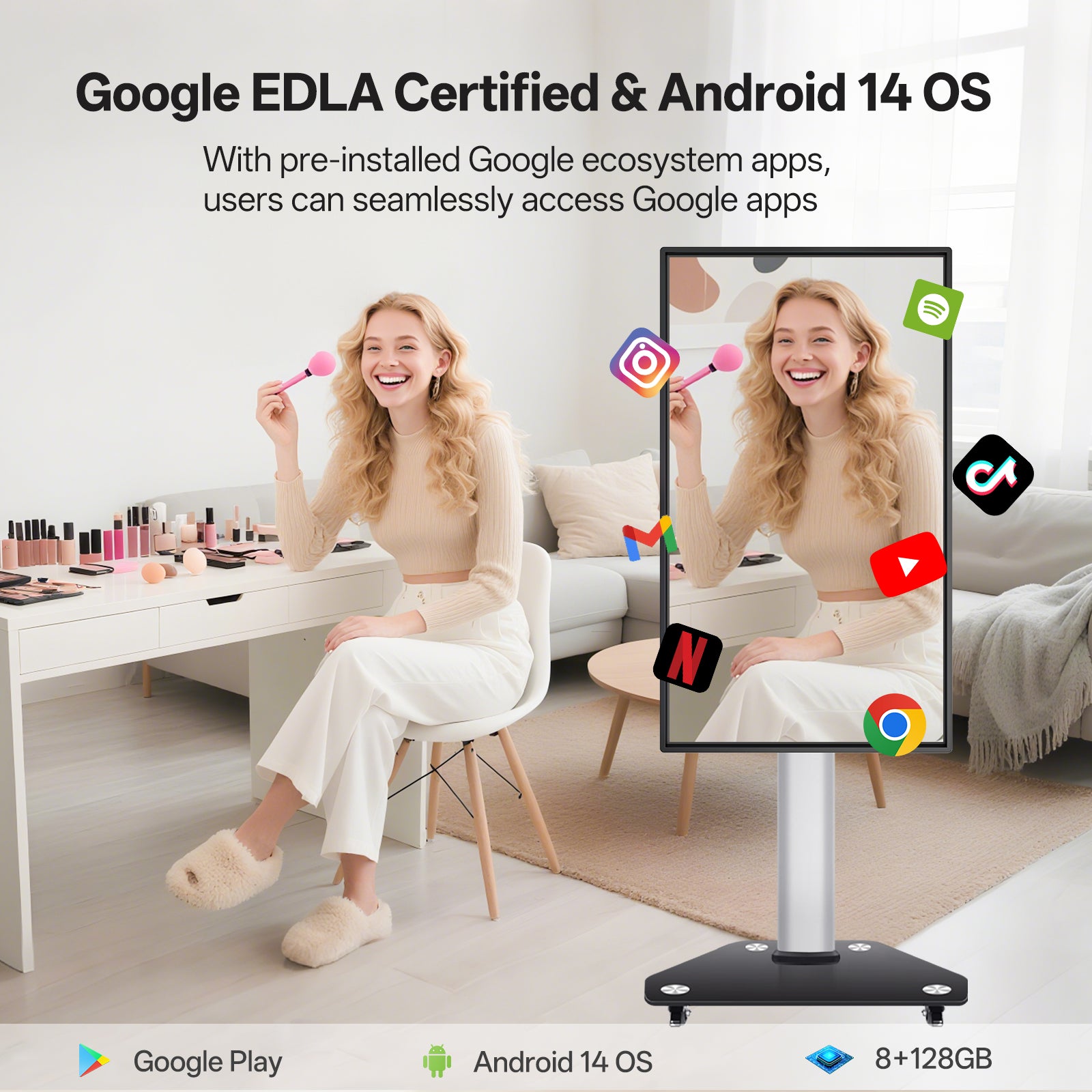 JAV Z Series rotatable smart board with Google EDLA certification and Android 14 OS, showcasing seamless access to Google Play apps like YouTube, Gmail, and Netflix for creators and professionals.