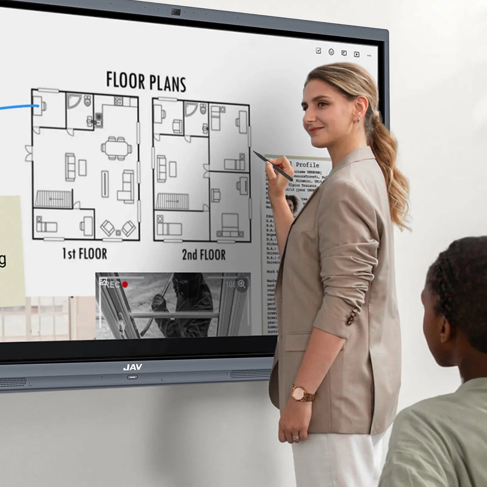 JAV Smart Board 2-in-1 stylus enabling precise writing and drawing on the interactive whiteboard.