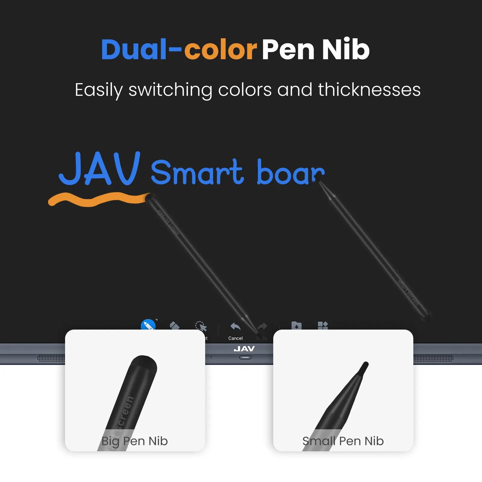 JAV Smart Board 2-in-1 stylus featuring dual pen nibs for easy switching between colors and line thickness.