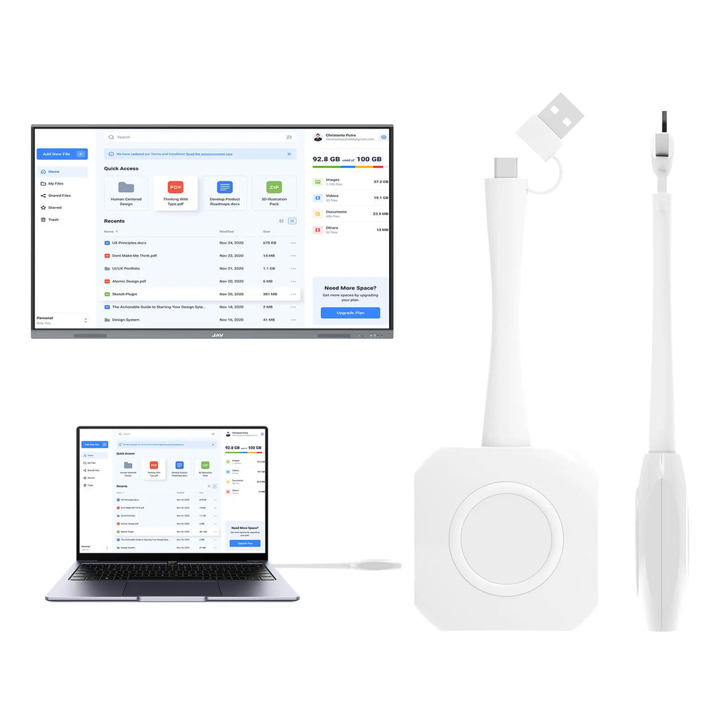 image of the jav smart board wireless display adapter with two USB ports for better compatibility with different devices.