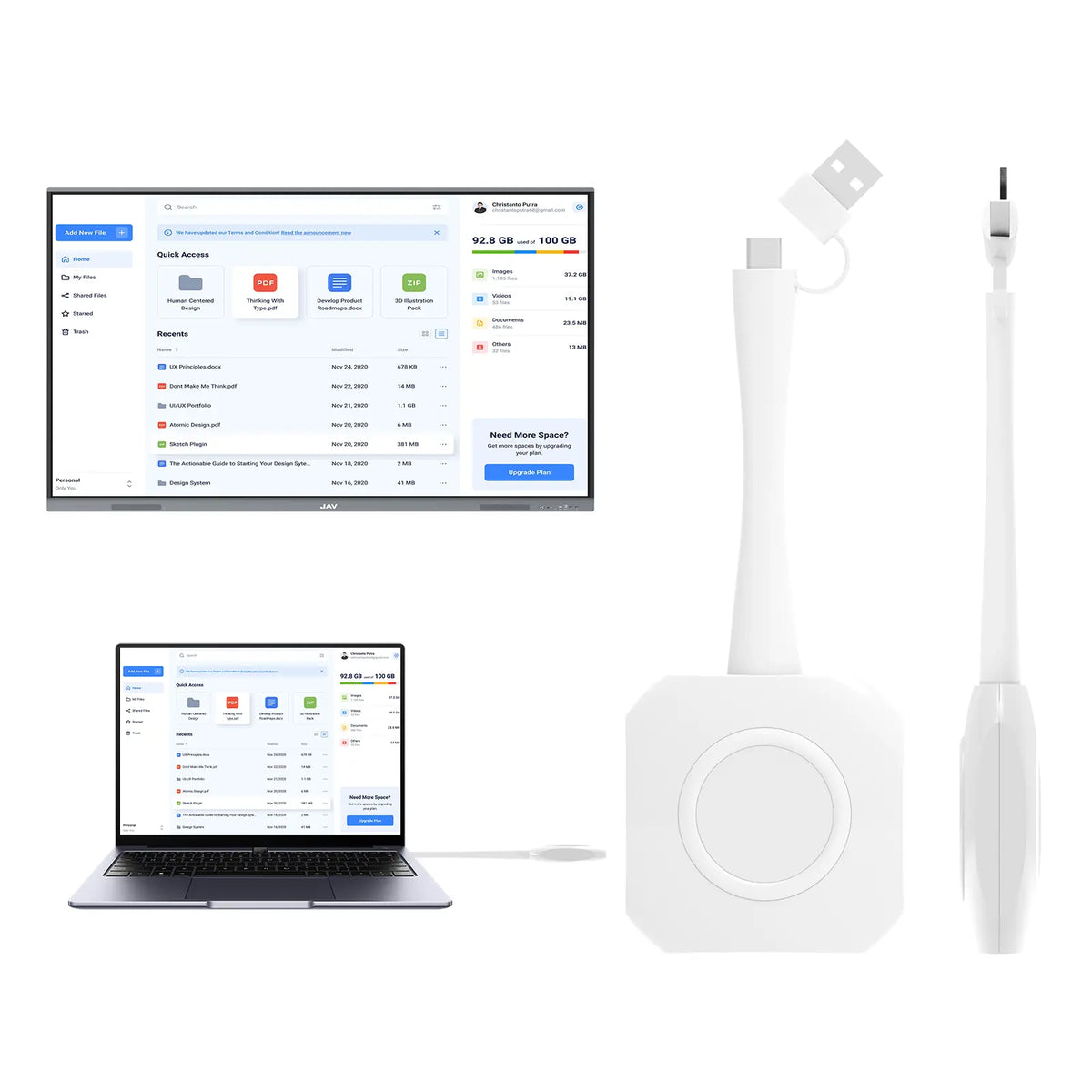 image of the jav smart board wireless display adapter with two USB ports for better compatibility with different devices.