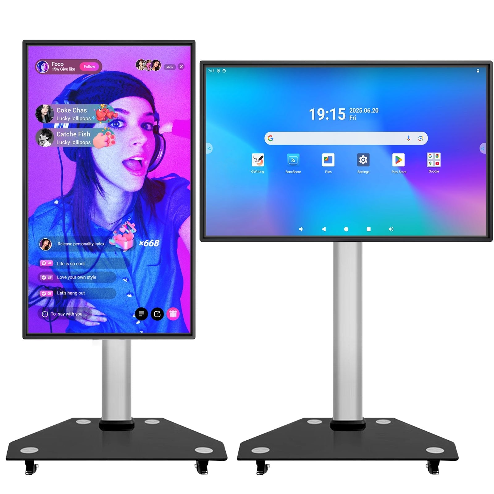 JAV Z Series rotatable smart board displayed in portrait and landscape modes on mobile floor stand with wheels.