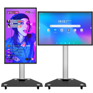 JAV Z Series rotatable smart board displayed in portrait and landscape modes on mobile floor stand with wheels.