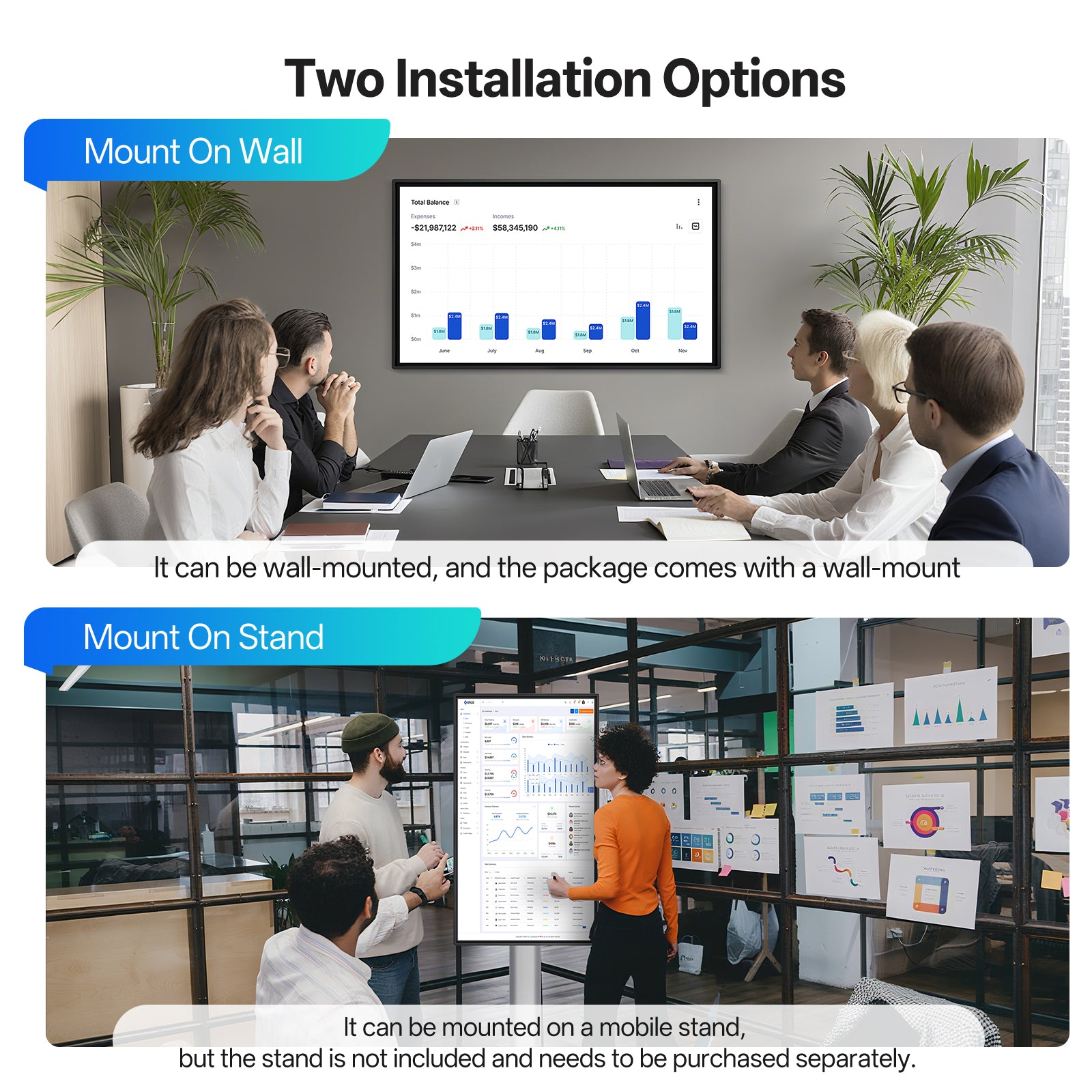 JAV Z Series smart board installation options: wall-mounted for meetings and presentations, or mobile stand-mounted for collaborative office environments.