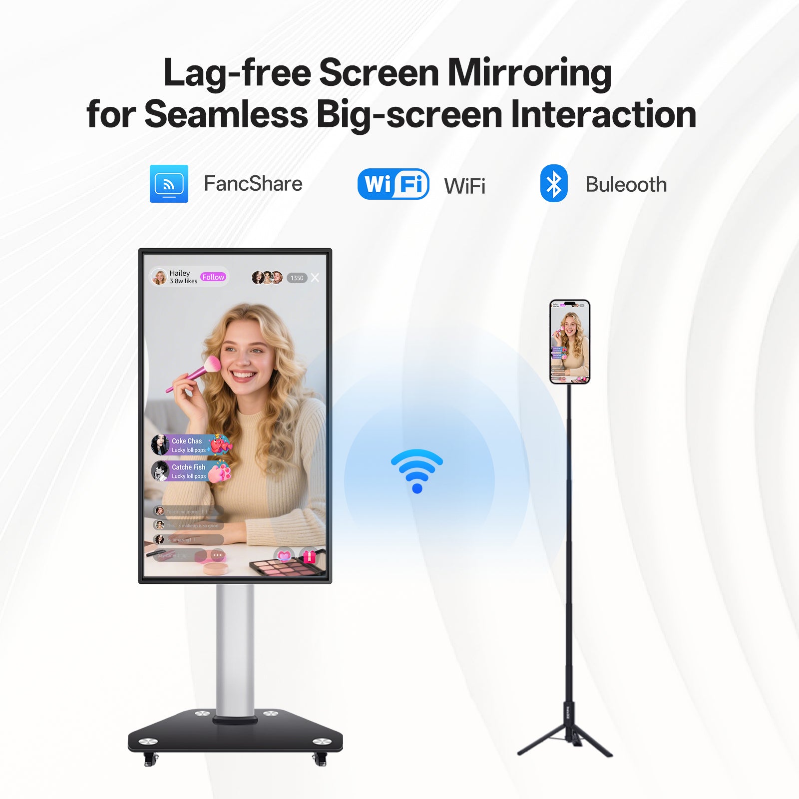 JAV Z Series rotatable smart board with lag-free screen mirroring via WiFi, Bluetooth, and FancShare, ideal for big-screen live streaming and interactive content sharing.