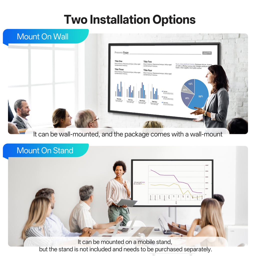 JAV Z Series smart board installation options: wall-mounted setup for conferences and presentations, or mobile stand-mounted setup for flexible collaboration in classrooms and offices.