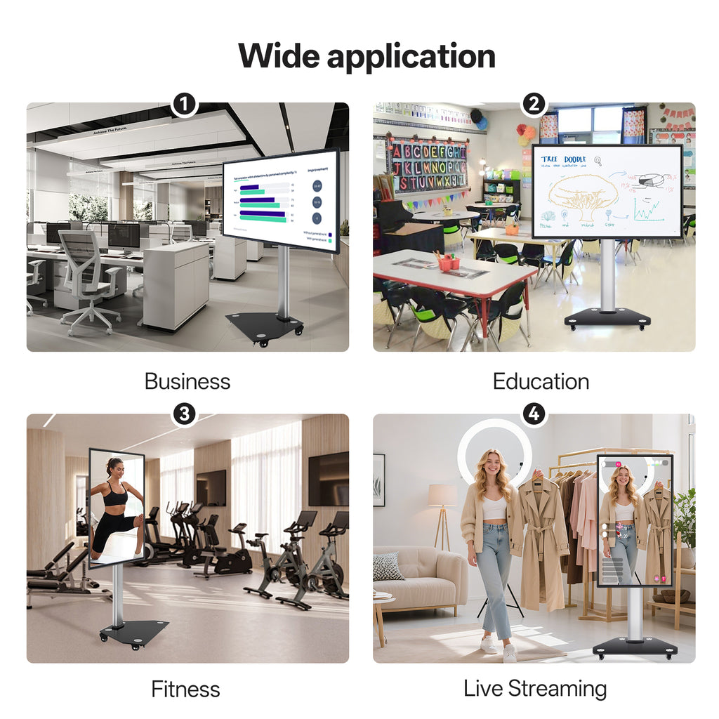 JAV Z Series rotatable smart board in multiple scenarios: business office presentations, interactive education classroom, fitness training display, and live streaming content creation.