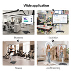 JAV Z Series rotatable smart board in multiple scenarios: business office presentations, interactive education classroom, fitness training display, and live streaming content creation.