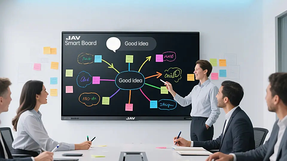 people brainstorming in a busniess meeting with the help of a jav smart board.