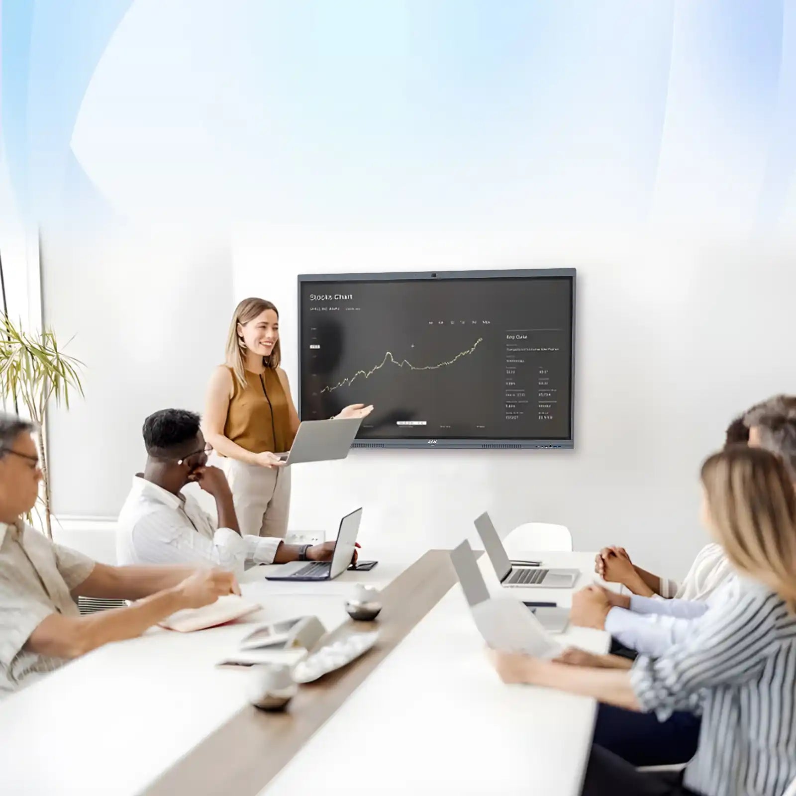 JAV H10S Pro interactive flat panel showing stock charts or business data as part of a presentation to colleagues.
