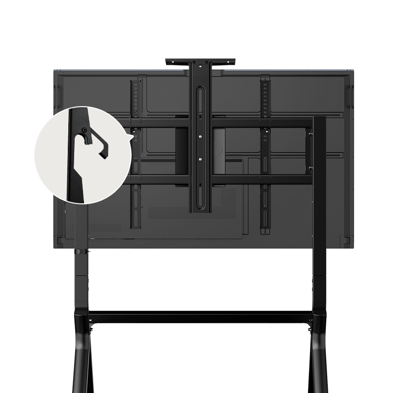 Back profile view of the JAV FD570 mobile cart holding an interactive display, with a zoom inset illustrating a specific hardware feature on the post.