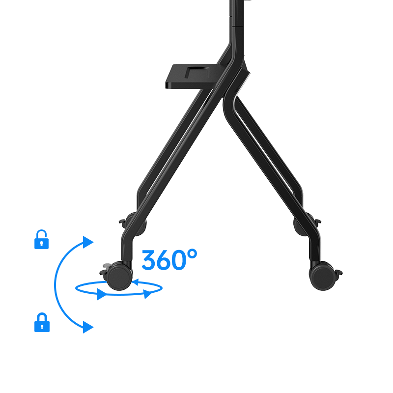 Close-up demonstrating the lockable caster wheels with 360-degree rotation on the JAV FD570 mobile stand.