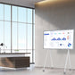 JAV H13S interactive display mounted on a white A-frame rolling stand, displaying a business data dashboard in a modern office setting.