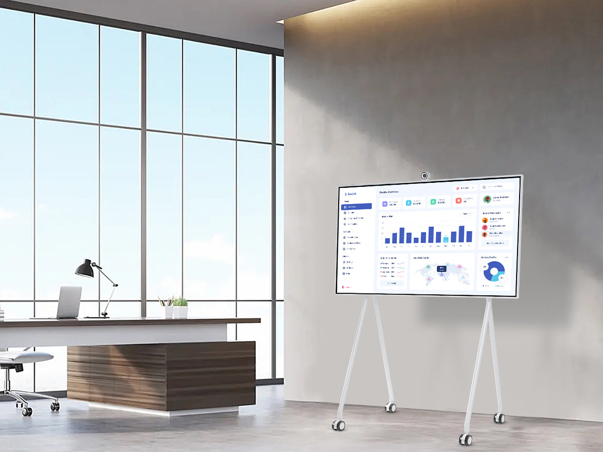 JAV H13S interactive display mounted on a white A-frame rolling stand, displaying a business data dashboard in a modern office setting.