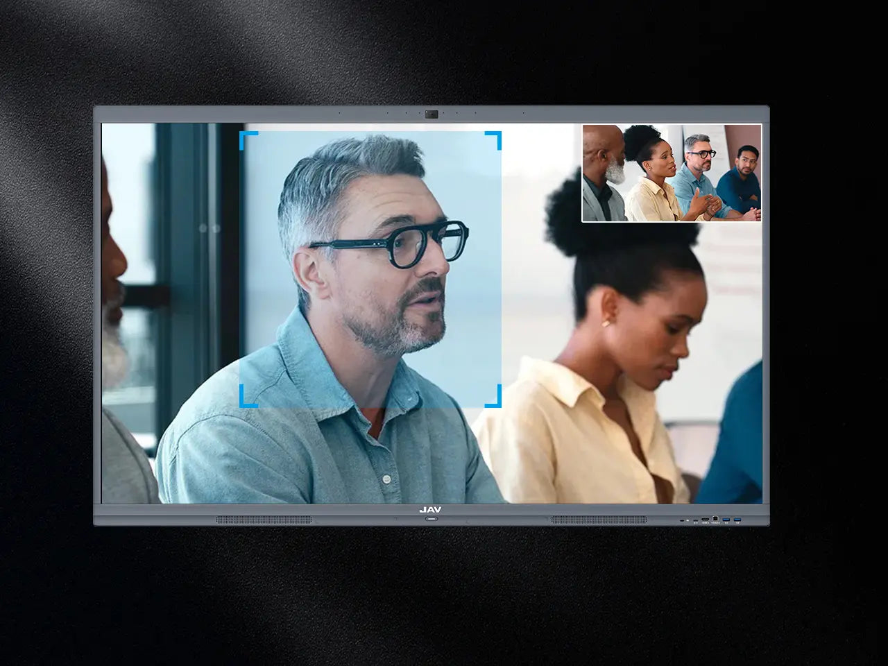 High-quality video conference on JAV interactive display featuring speaker focus and participant gallery view.
