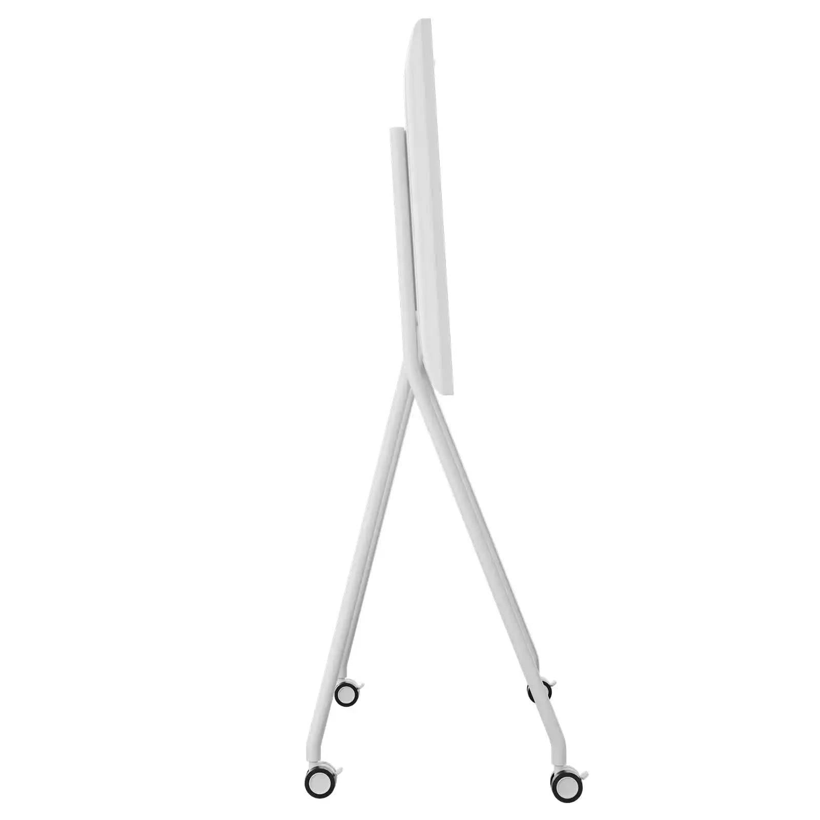 Side view of white wheeled smartboard stand for JAV H13 65-inch interactive displays, slim and angled design with four wheels.