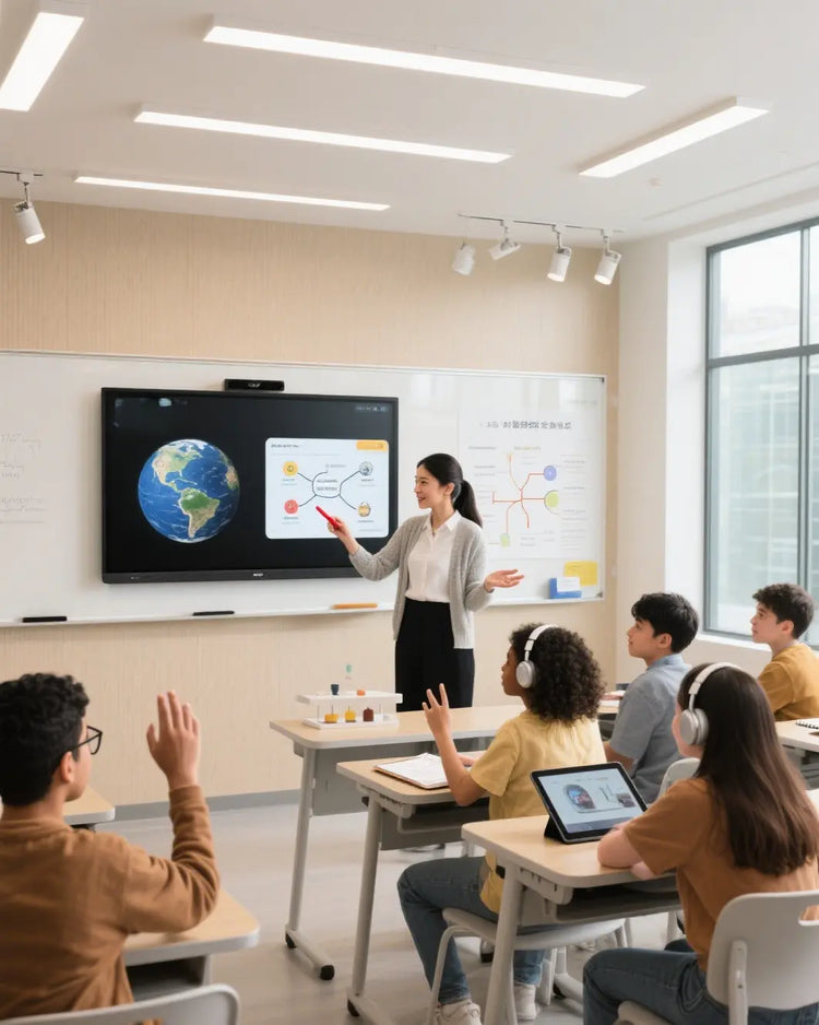 teacher giving a lesson with the jav smart board to get students engaged.
