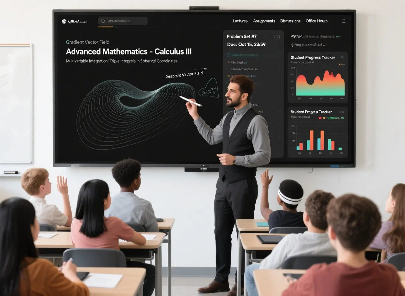 teacher having a class with the help of a jav smart whiteboard