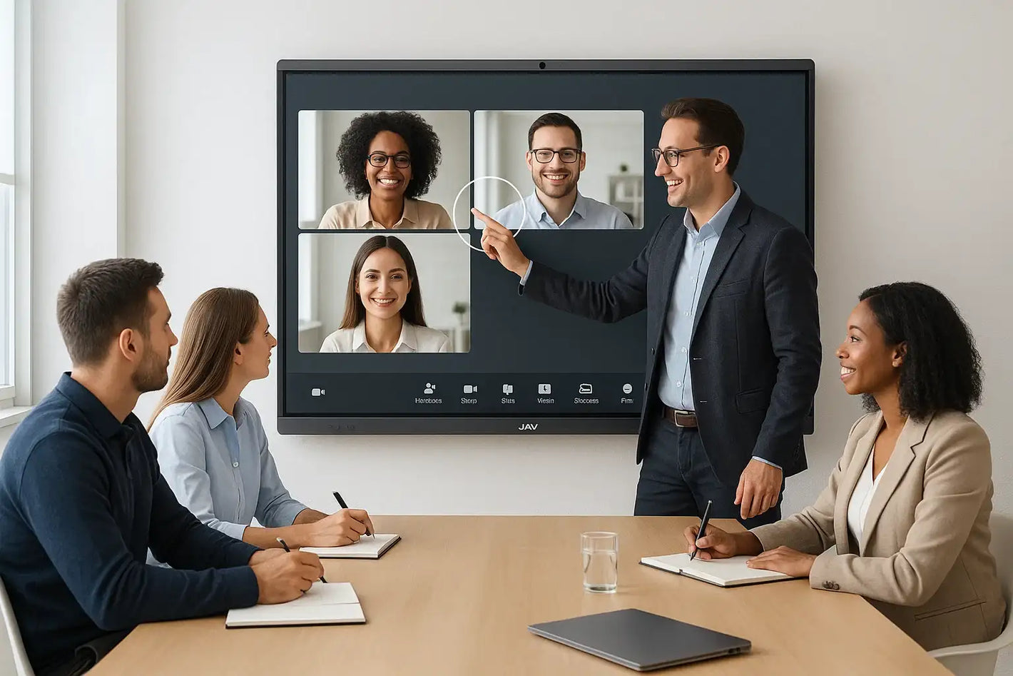 image of a video conference with jav smart interactive display.