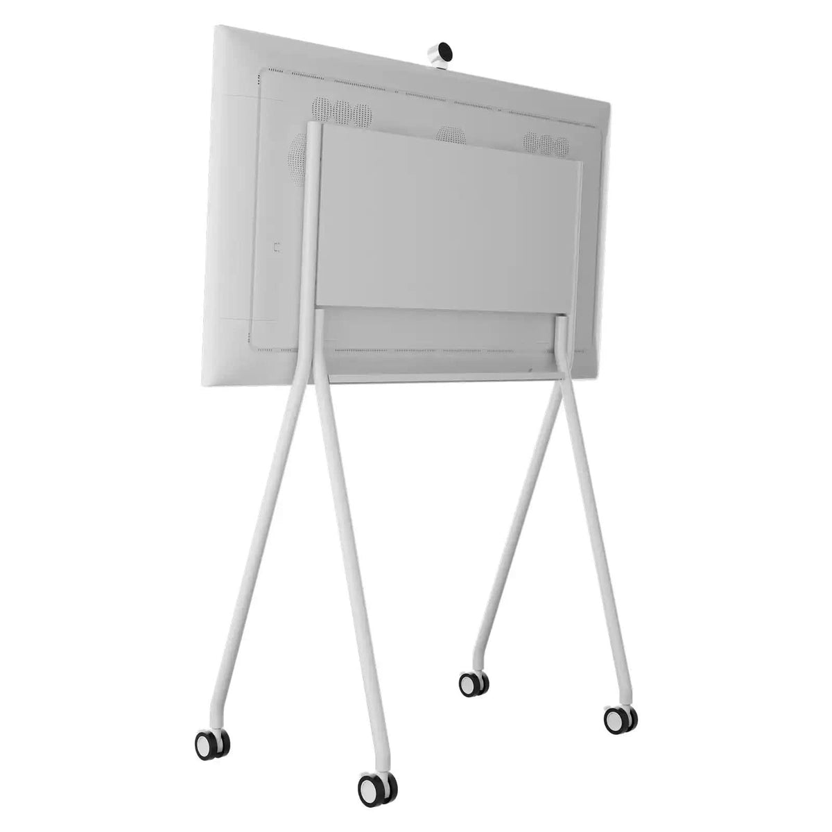 Angled rear view of white JAV smart board on wheeled mobile stand. Showing back panel design and portability features.