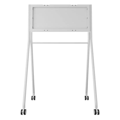 White wheeled smartboard rolling stand for JAV 65-inch H13 interactive displays, with mounting brackets and shelf.