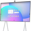 White JAV Smart Board on Mobile Stand: Clean and modern design. Image features the JAV interactive display in white on a wheeled stand, showing its user-friendly interface.