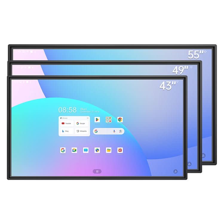 JAV Z Pro smart boards in 43", 49", and 55" sizes, showcasing ultra-thin bezels and 4K Android interface.