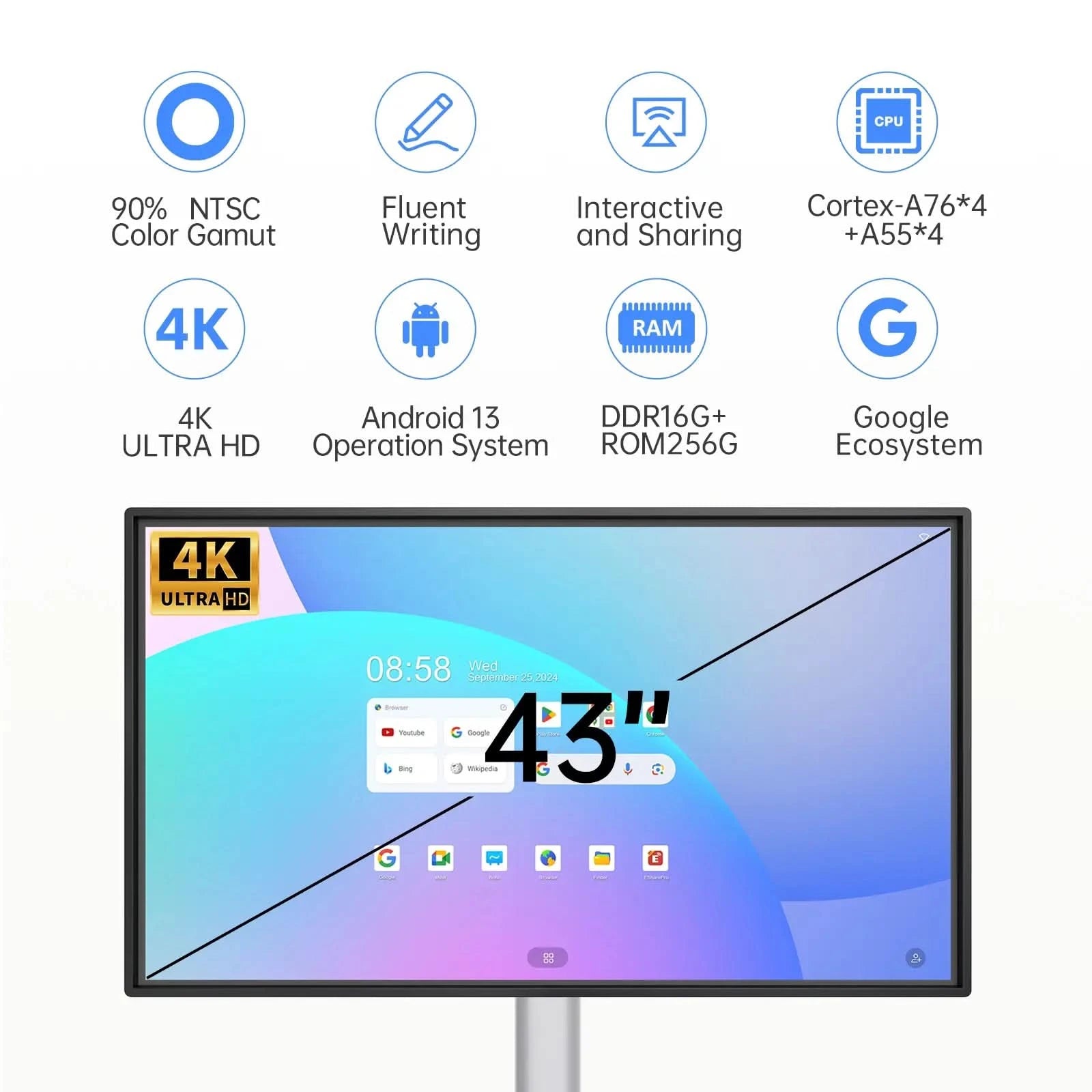 Z Pro all-in-one smart board replaces eight devices: tablet, TV, speaker, whiteboard, projector, curtain control, teleprompter, and computer.