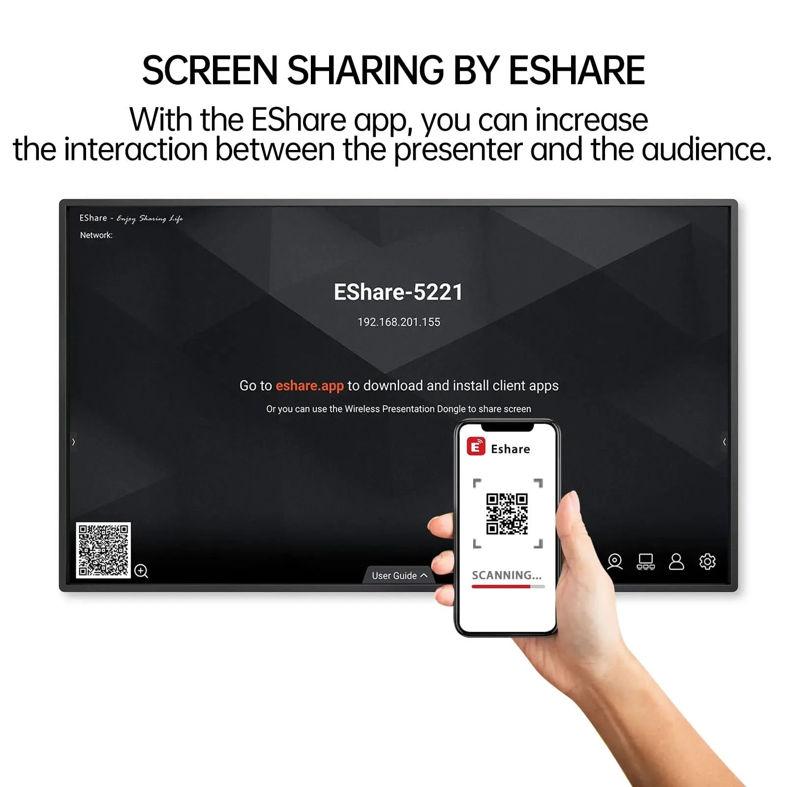 Z Pro wireless screen sharing with EShare app, allowing presenters to cast content and control the screen via smartphone.