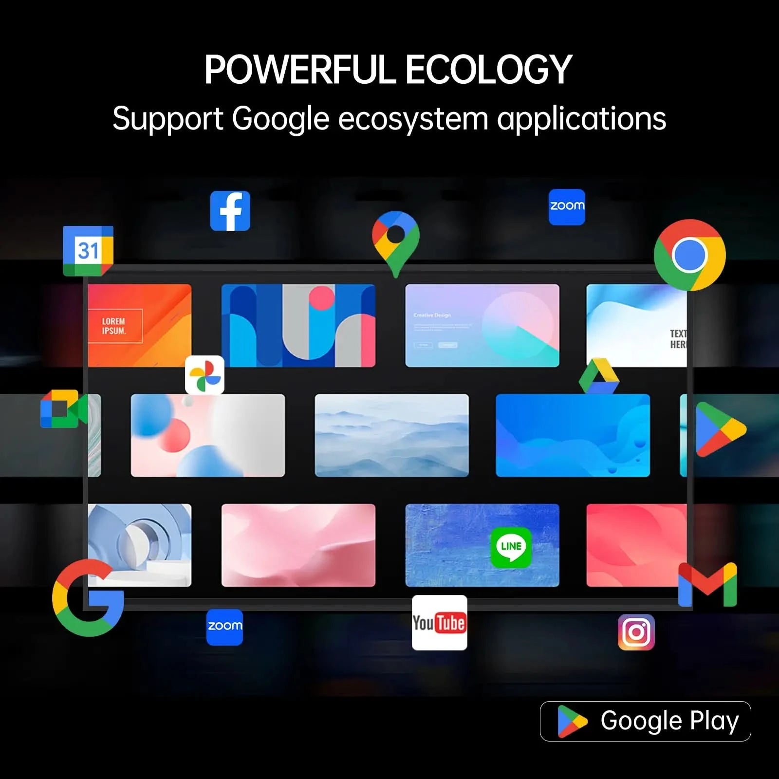 Google ecosystem apps supported by Z Pro, including Google Meet, Chrome, YouTube, Gmail, Calendar, and more on smart board.