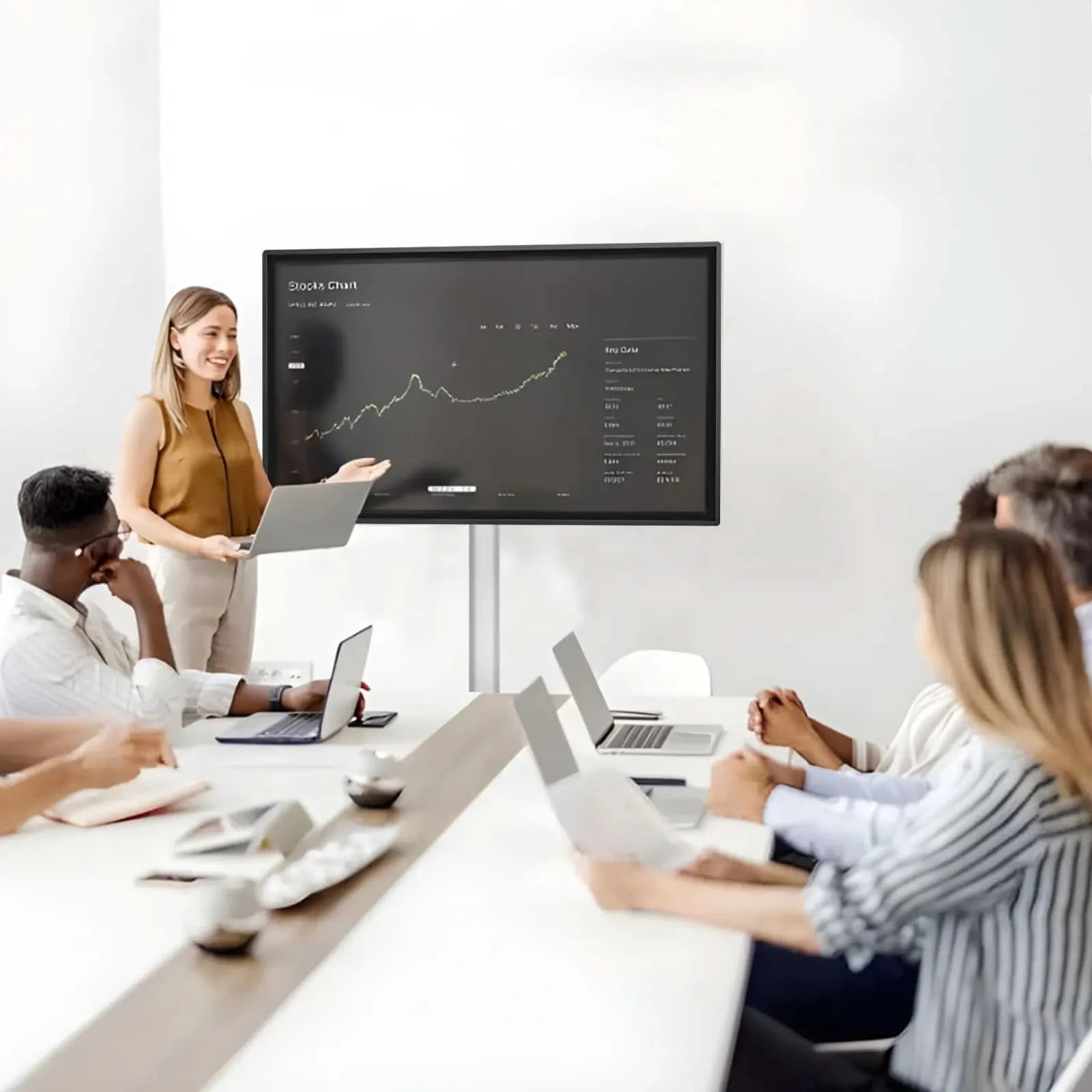 Office team using Z Pro smart board in landscape mode during a business presentation in a modern meeting room.