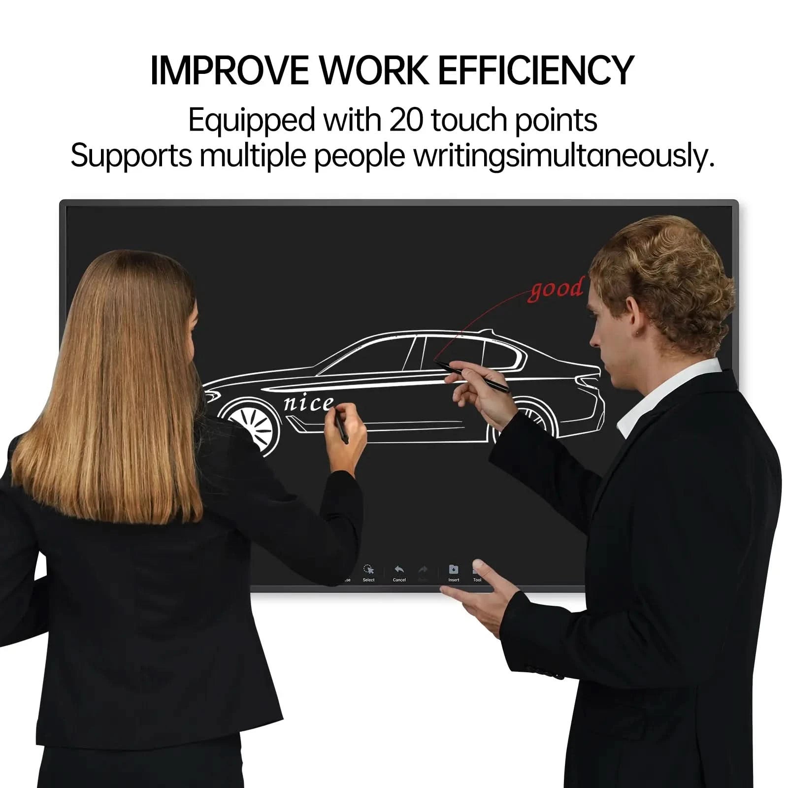 Two professionals simultaneously writing on Z Pro digital whiteboard with 20-point touch for team collaboration.